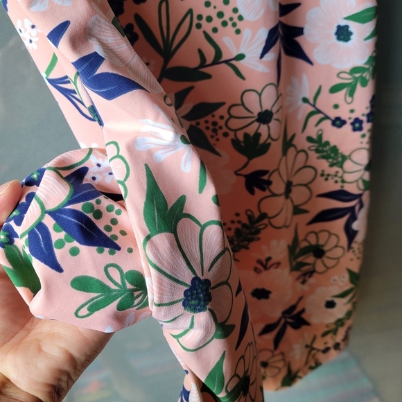 KATHERINE WAY Floral Mini Gold Dress Stretchy Short Sleeves XS Pockets Pink - Picture 4 of 11